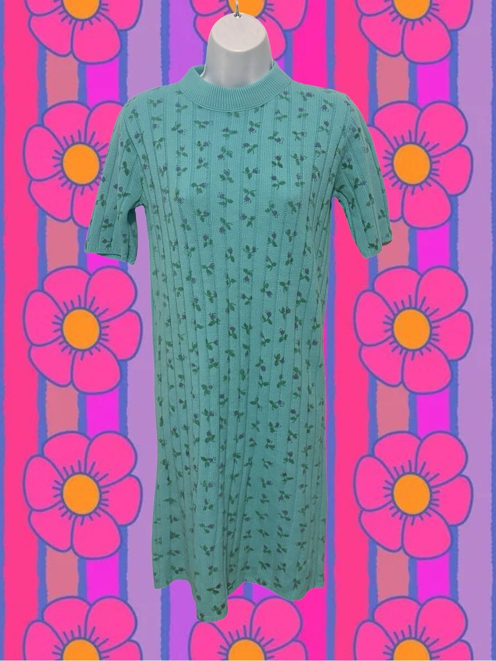 60s Bobbie Brooks Blue Knit Midi Dress with Tiny Floral Motif